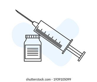 Covid-19 coronavirus vaccine. Time to vaccinate. Vector illustration with syringe with vaccine, bottle and virus.