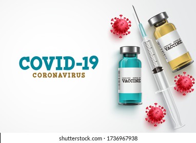 Covid-19 coronavirus vaccine treatment vector background. Covid19 vaccine bottle, syringe injection tool and coronavirus text in white background for corona virus immunization. Vector illustration.
