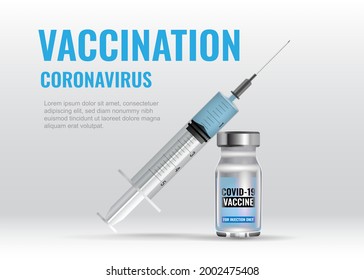 Covid-19 coronavirus vaccine. Vaccination kit object. Syringe and vaccine bottle. Coronavirus treatment. Medicines and pharmacy. Realistic design. Outline symbol drawing. Isolated vector illustrations