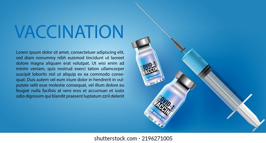 Covid-19 coronavirus vaccine. Vaccination kit object. Syringe and vaccine bottle. Coronavirus treatment. Medicines and pharmacy. Realistic design. Outline symbol drawing. Isolated vector illustrations