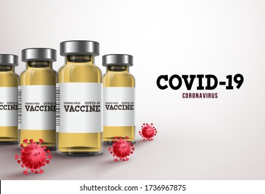 Covid19 coronavirus vaccine vector banner. Covid-19 text and vaccine bottles in white background for coronavirus treatment and immunization design template. Vector illustration.
