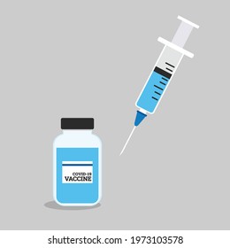 Covid-19 coronavirus vaccine. Vector flat icons. Treatment for coronavirus covid-19. Syringe and vaccine vial vector illustration