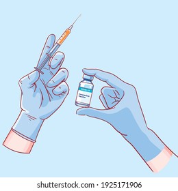 Covid-19 Coronavirus vaccine vial and syringe. Anti COVID-19 vaccine injection. Isolated doctor hands holding syringe and bottle with vaccine for coronavirus treatment, injection, cure vector art