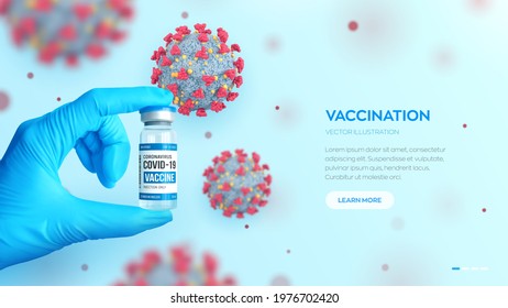 COVID-19 coronavirus vaccine vial. Vaccination concept. Doctor's hand in blue gloves hold the medical glass vial for injection. Microscopic view of COVID-19 virus cells close up. Vector illustration.