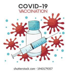 Covid-19 Coronavirus vaccine vials medicine bottles syringe vector drawing