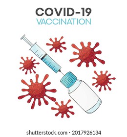Covid-19 Coronavirus vaccine vials medicine bottles syringe vector drawing. Fight against coronavirus