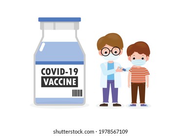 Covid-19 or coronavirus Vaccine,Kids vaccination with pediatrician holding syringe,Doctor hold an injection vaccination children  prevention and immunize,child wearing medical masks to prevent disease