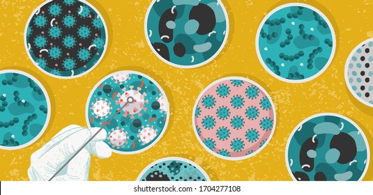 Covid-19, coronavirus. Vector illustration of a virus and bacteria molecule in a medical science laboratory. Drawing for creating an infection vaccine for background, banner or poster.
 
