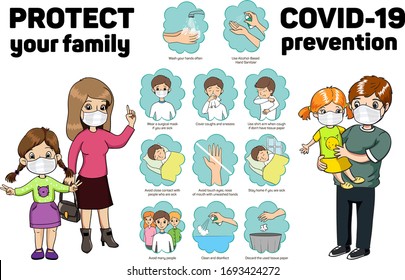 Covid-19 coronavirus vector infographics. Infection preventions. Wash your hands. Medicine illustration with virus.