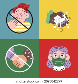 Covid-19 coronavirus vector set. Colorful cartoon style illustrations.