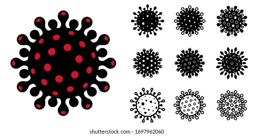 COVID-19 coronavirus. Vector set of a viral spiked balls. Different icons with a black and red details. Simple pictograms of modern disease. Elements for stickers and banners against the new pandemic.