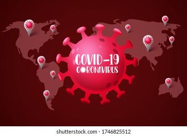 Covid-19 coronavirus world map vector design. Covid19 coronavirus text in red covid with world map and ncov pin for global sars novel navigation and destination. Vector illustration.     