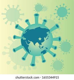 COVID-19 Coronavirus world pandemic outbreak concept, illustration of green sick illness world map with Asia as virus pathogen and star at Wuhan, China as originate.