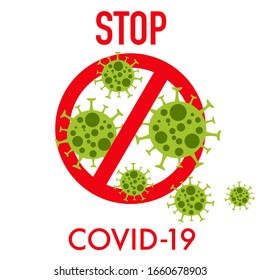 COVID-19, Coronavirus,2019-nCoV, Bacteria green color with red stop sign on white background, isolated, vector illustration