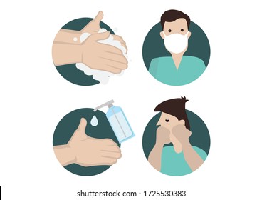 Covid-19 Coronovirus virus protection alert tips. Set of Prevention infographics. Flat cartoon character isolated vector illustration.

