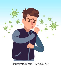 Covid-19. Coughing man surrounded by coronavirus germ. Protect yourself, healthcare prevention medical, self hygiene vector concept