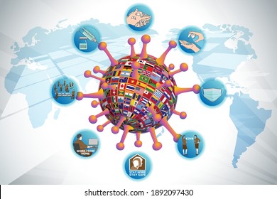 COVID-19 covered with flags around the world and preventive measures such as wearing hygienic mask, hand washing with alcohol gel or soap, social distancing, working from home, vaccination, etc.
