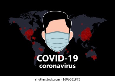 Covid-19, Covid 19 card confirmed report cases all over the world all over the world. Man in medical mask on a background of infection card.