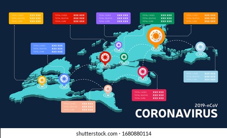 Covid-19, Covid 19 isometric world map confirmed cases, cure, deaths report worldwide globally. Coronavirus disease 2019 situation update worldwide. Maps show situation and stats background
