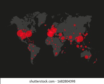 Covid-19, Covid 19 map confirmed cases report worldwide globally. Coronavirus disease 2019 situation update worldwide. Maps show where the coronavirus has spread, graphic on dark grey background.