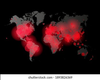 Covid-19, Covid 19 map confirmed cases reported worldwide globally. Coronavirus disease 2021 situation update worldwide. Maps show where the coronavirus has spread, graphic on black background.