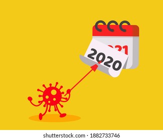 COVID-19 Crisis in 2020 concept: There are calendar 2021 and 2021 year with corona virus on yellow background.