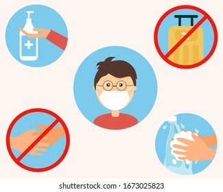 COVID-19 Crisis concept: always wash your hands, wear face mask,  clean your hands, don't shake hands, don't go aboard for protect corona virus. Cartoon vector style for your design.