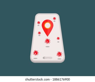 COVID-19 Krisenkonzept: Covid-19, Mobile Map Tracker, verfolgen Corona Virus roten Punkt auf dem Bildschirm.