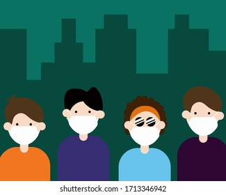 Covid-19 crisis: Crowd of people wearing face masks for protect corona virus in the city. Cartoon vector style for your design