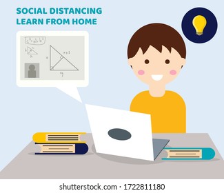 COVID-19 CRISIS: Learn from home, Social Distancing concept. A boy is learning Mathematics by video conference. Cartoon vector style for your design.