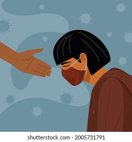 Covid-19 crisis, Someone giving hand to depression woman wearing mask
