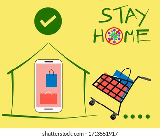 COVID-19 Crisis: There are shopping bags in a cart and mobile or smartphone in house, STAY HOME for protect corona virus. 