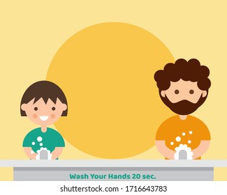 COVID-19 CRISIS: Wash your hand 20 sec. and always wear face mask, keep distancing for protection from virus concept, cartoon vector style for your design