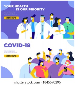 COVID-19. Crowd of People wearing wearing protective mask and standing together to fight coronavirus. Professional doctors and nurses. Flat vector illustration