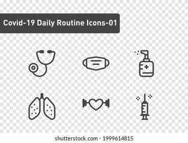 covid19 daily routine icon set isolated on transparency background ep01