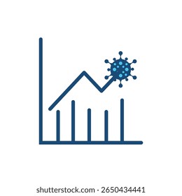 Covid-19 Data Chart Icon-Virus Spread Graph and Statistics Vetor, ícone de linha mínima que representa as estatísticas de propagação do coronavírus, apresentando um gráfico de barras e linhas com símbolo de vírus.