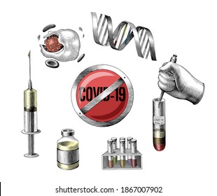 COVID-19 development vaccine hand draw engraving style clip art isolated on white background