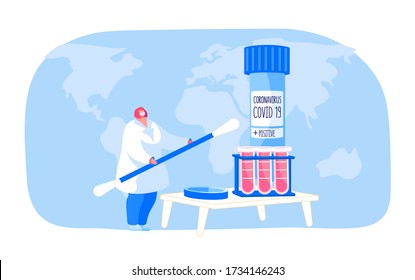 Covid19 Diagnostics. Doctor Character Wearing Antiviral Protective Mask Holding Huge Swab for Making Nasal Test for Coronavirus Infection Diagnostics to Patient in Lab. Cartoon Vector Illustration