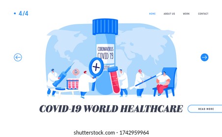 Covid19 Diagnostics Landing Page Template. Doctor Character Take Express Test Sampling to Determine Presence Contagious Coronavirus Infection Disease in Laboratory. Cartoon People Vector Illustration