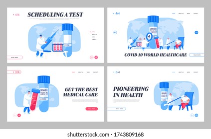 Covid19 Diagnostics Test Landing Page Template Set. Doctor Character Take Express Sampling Determine Presence Contagious Coronavirus Infection Disease in Laboratory. Cartoon People Vector Illustration