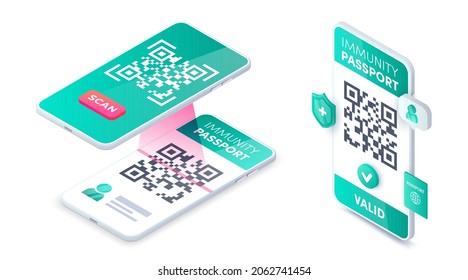 Covid-19 Digital health passport QR verification isometric vector. Smartphone scanning immunity passport QR code. 3d Electronic valid vaccination certificate proof on mobile phone app concept