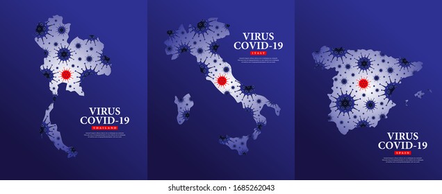 COVID-19 disease epidemic in Thailand, Italy, Spain vector. Coronavirus map in all country. COVID-19 map.