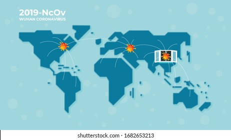 Covid-19 disease outbreaks. world maps and window illustration in China as the center of the emergence of viruses, spread all over the world