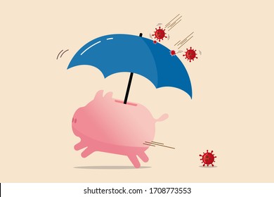 COVID-19 disease protection, Coronavirus insurance or financial and investment safety in Coronavirus pandemic crisis concept, piggy bank with protection umbrella to protect from virus pathogen impact.