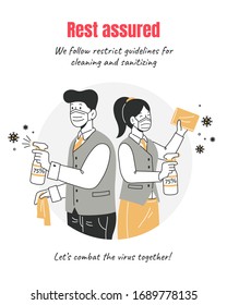 COVID-19 disinfection poster, with two staffs holding alcohol-based disinfectant sprays to create safe settings for visitors or customers