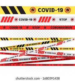 Covid-19 do not cross line tape template on white transparent background. Coronavirus infected no entry allowed. Stop virus microbe infection organism danger