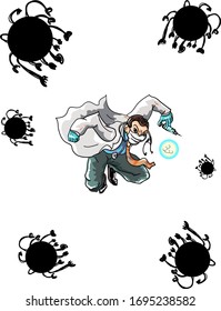 Covid-19 doctor superhero is fighting corona virus pandemic monster to protect a patient.