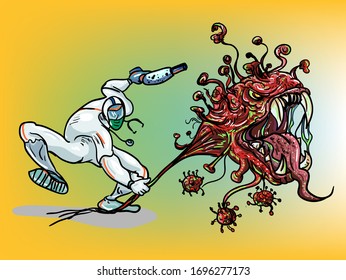 Covid-19 doctor superheroes are fighting corona virus pandemic monster to protect a patient.Doctor in PPE suit fighting with COVID monster.