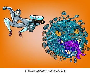 Covid-19 doctor superheroes are fighting corona virus pandemic monster to protect a patient.Doctor in PPE suit fighting with COVID monster.