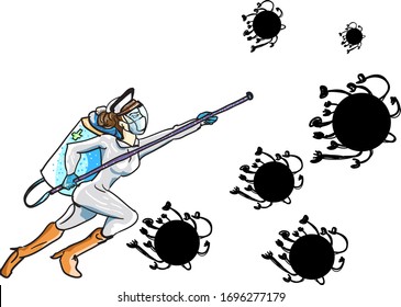 Covid-19 doctor superheroes are fighting corona virus pandemic monster to protect a patient.